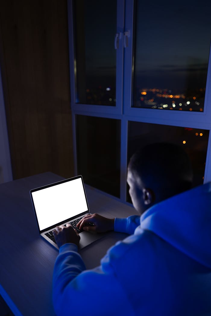 Adult male in a hoodie working on a laptop in a dim room with city lights outside.